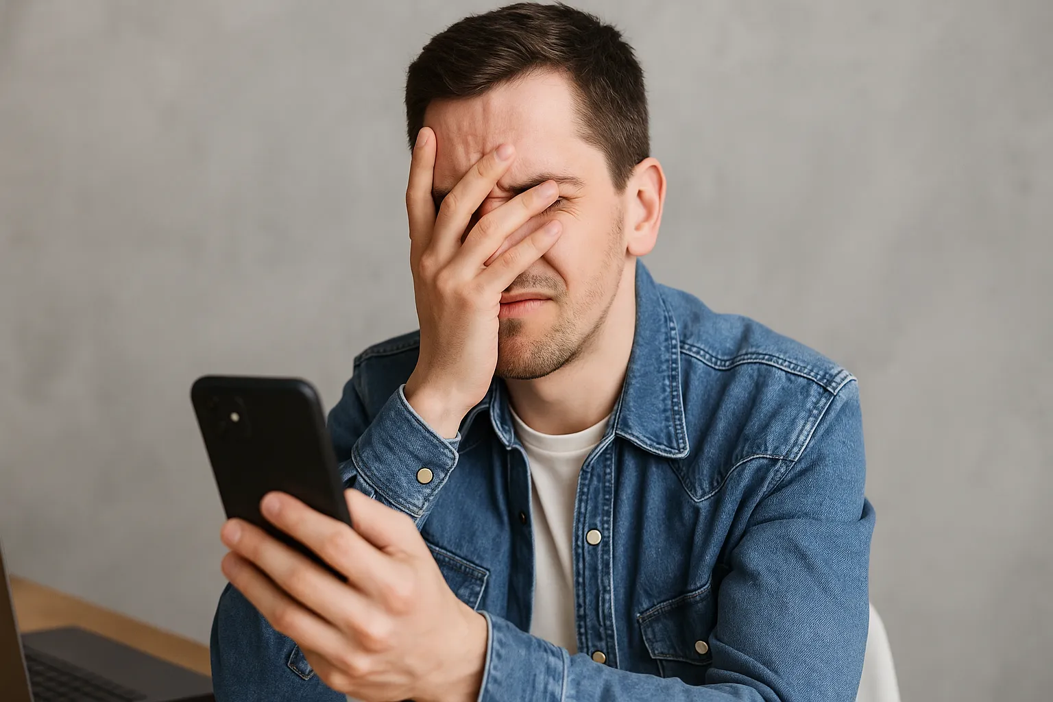 Hombre frustrado cubriéndose el rostro mientras mira su teléfono móvil, representando errores comunes al contratar una tarifa móvil.