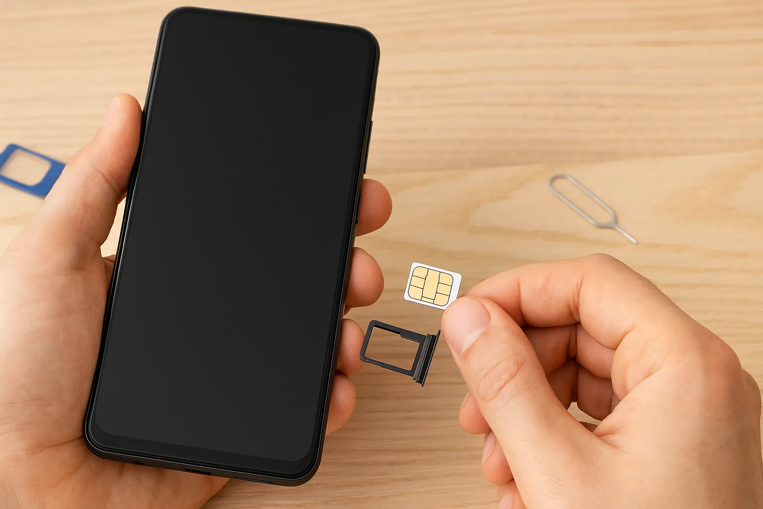 Persona insertando una tarjeta SIM en un teléfono móvil como parte del proceso de cambio de operador.