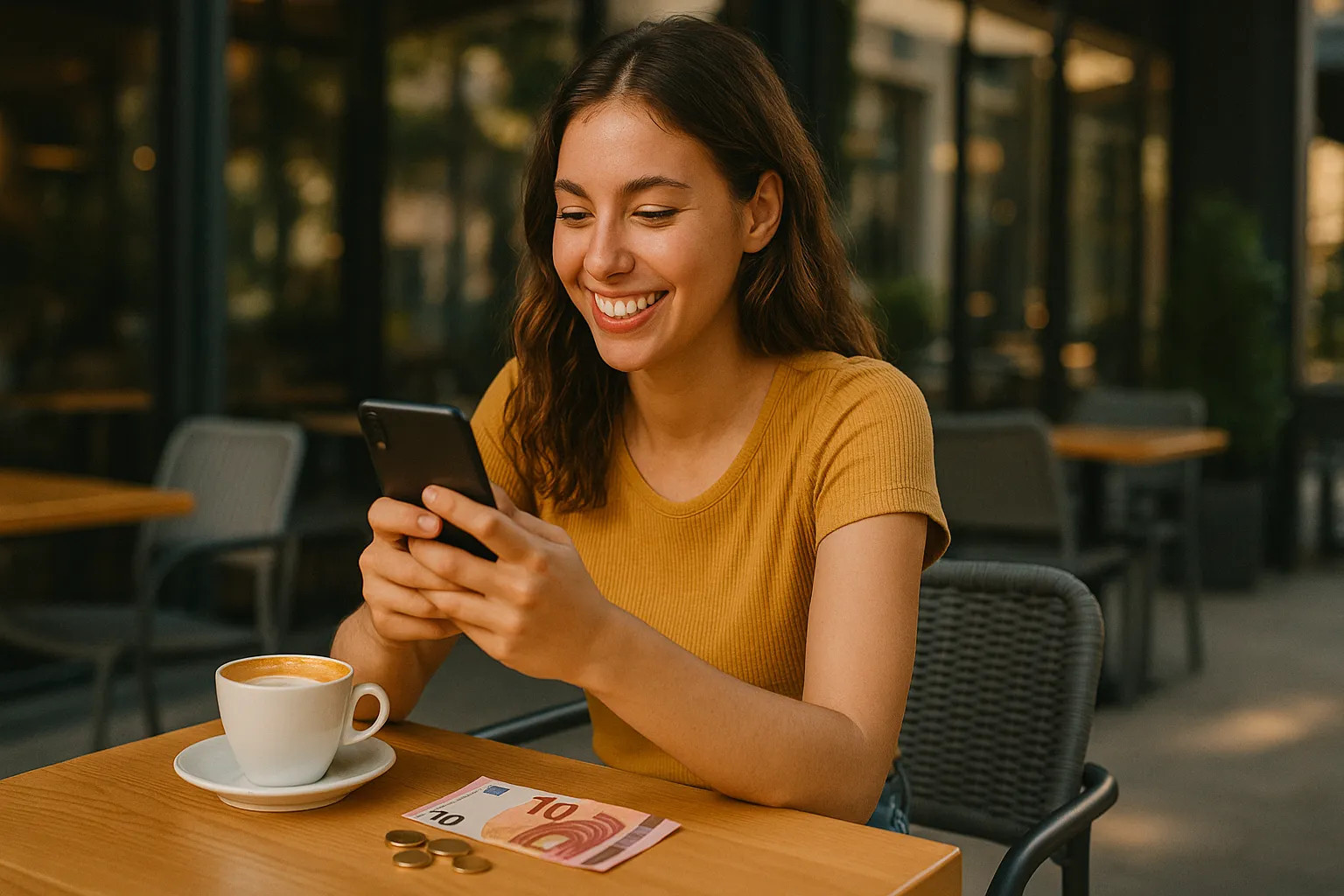 Mujer joven sonriendo en una cafetería mientras usa su móvil, con un billete de 10 euros sobre la mesa, simbolizando una tarifa móvil asequible y con buena relación calidad-precio.
