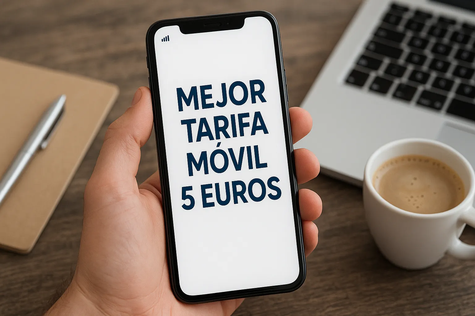 Mano sosteniendo un móvil con el mensaje “Mejor tarifa móvil 5 euros” en pantalla, junto a una taza de café, un portátil y una libreta sobre una mesa de madera.