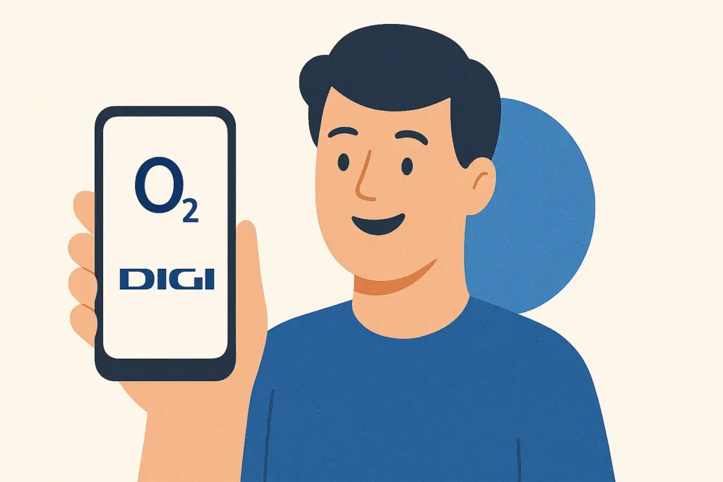 Ilustración de un smartphone con los logos de O2 y Digi, compañías con cobertura Movistar.