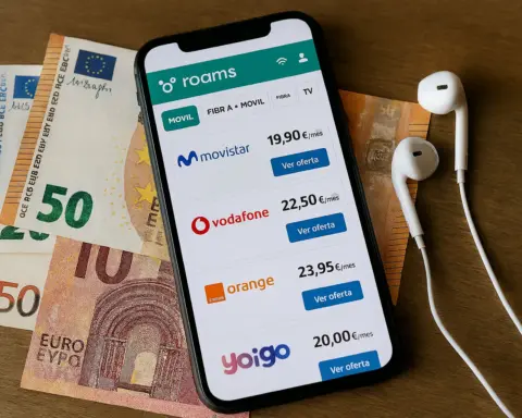 Imagen en la que se muestran varios operadores y precios en la pantalla de un móvil junto a unos billetes evocando la búsqueda de ofertas en tarifas con datos ilimitados.