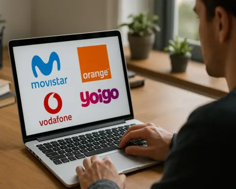 Persona investigando en portátil con logos de Movistar, Orange, Vodafone y Yoigo en pantalla.