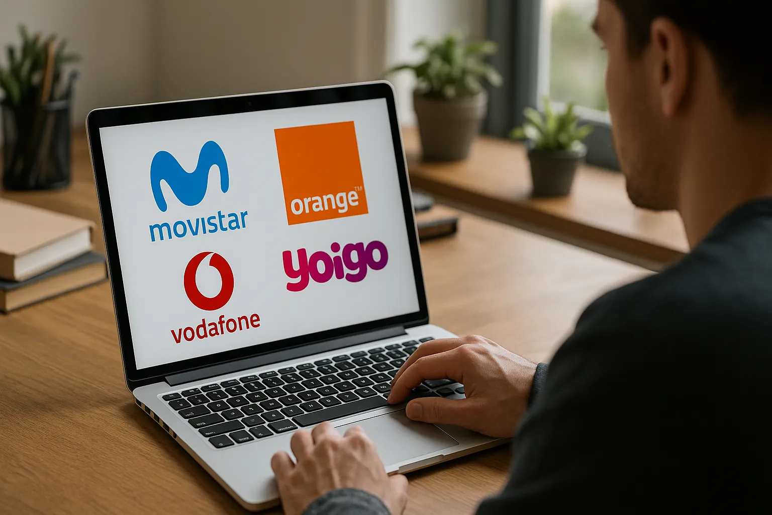 Persona investigando en portátil con logos de Movistar, Orange, Vodafone y Yoigo en pantalla.