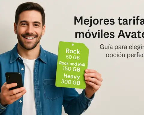 Fotografía digital de alta resolución que muestra a un hombre joven sonriente sosteniendo un móvil y una tarjeta verde con las tarifas móviles de Avatel (Rock, Rock and Roll y Heavy), junto al texto “Mejores tarifas móviles Avatel. Guía para elegir la opción perfecta