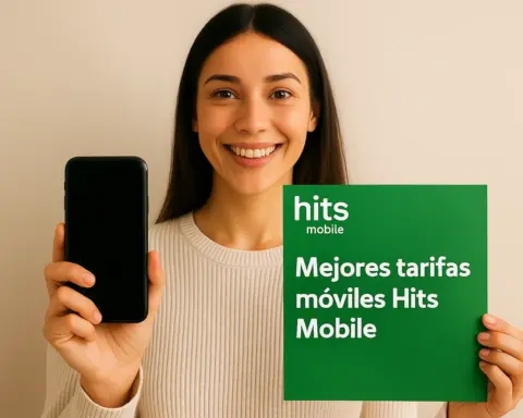 Fotografía digital en formato horizontal que muestra a una mujer joven sonriendo mientras sostiene un teléfono móvil y una tarjeta verde con el logotipo de Hits Mobile y el texto “Mejores tarifas móviles Hits Mobile”, sobre un fondo beige neutro.