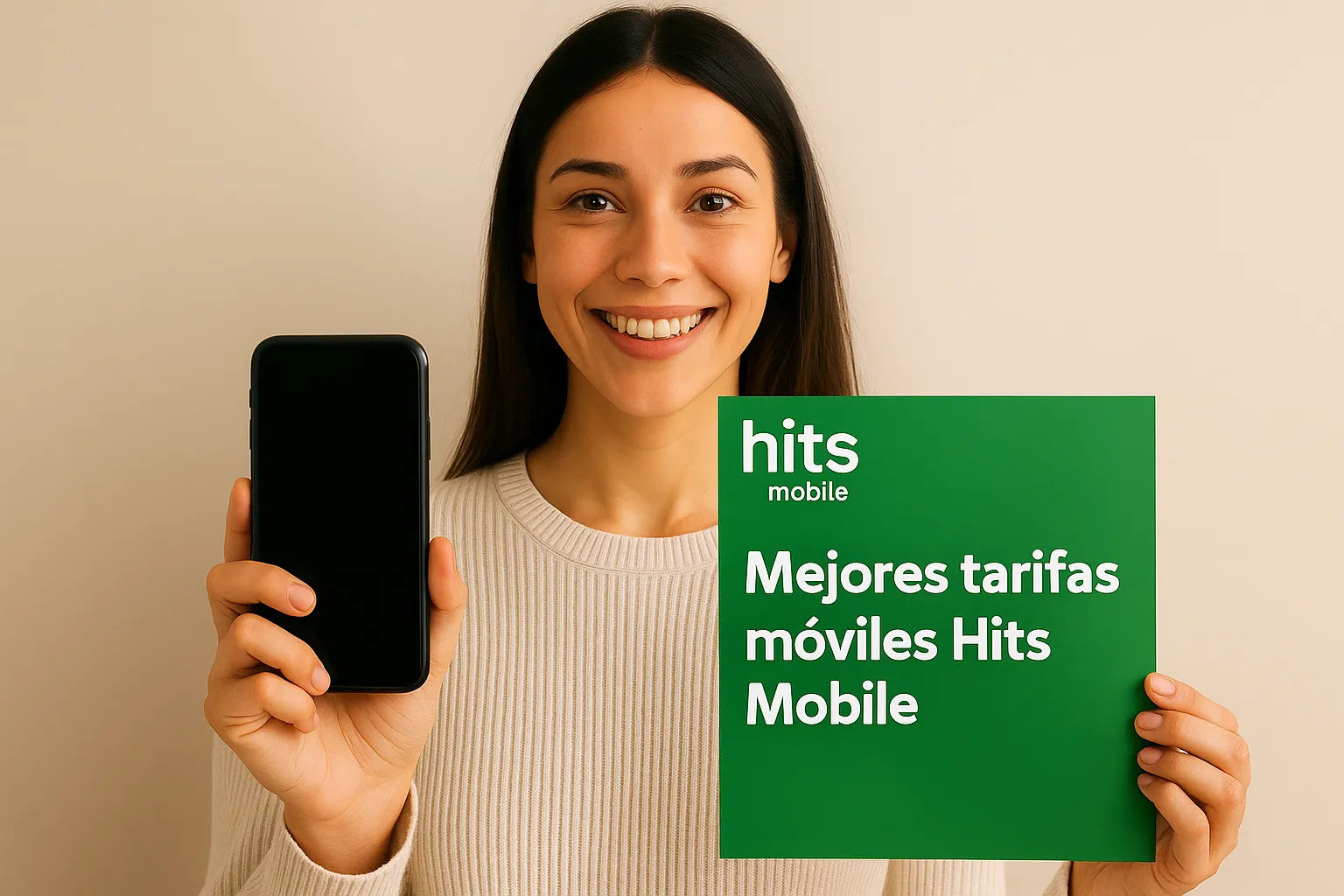 Fotografía digital en formato horizontal que muestra a una mujer joven sonriendo mientras sostiene un teléfono móvil y una tarjeta verde con el logotipo de Hits Mobile y el texto “Mejores tarifas móviles Hits Mobile”, sobre un fondo beige neutro.