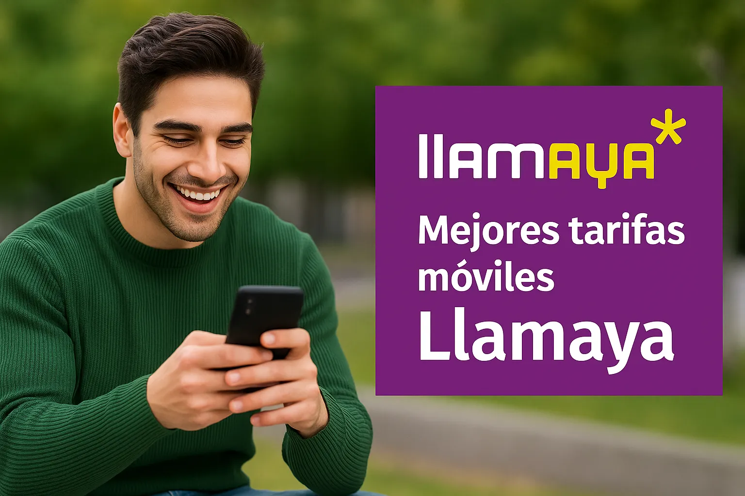 Hombre sonriente consulta su teléfono móvil mientras disfruta del aire libre. Tiene una cara de felicidad tras ver que su tarifa móvil con Llamaya le está permitiendo ahorrar.