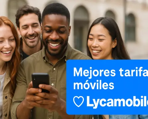 Fotografía promocional en formato horizontal que muestra a un grupo diverso de cuatro amigos sonriendo mientras miran juntos un smartphone. A la derecha, un recuadro azul con el logotipo de Lycamobile y el texto “Mejores tarifas móviles” representa el servicio de telefonía móvil que están explorando.
