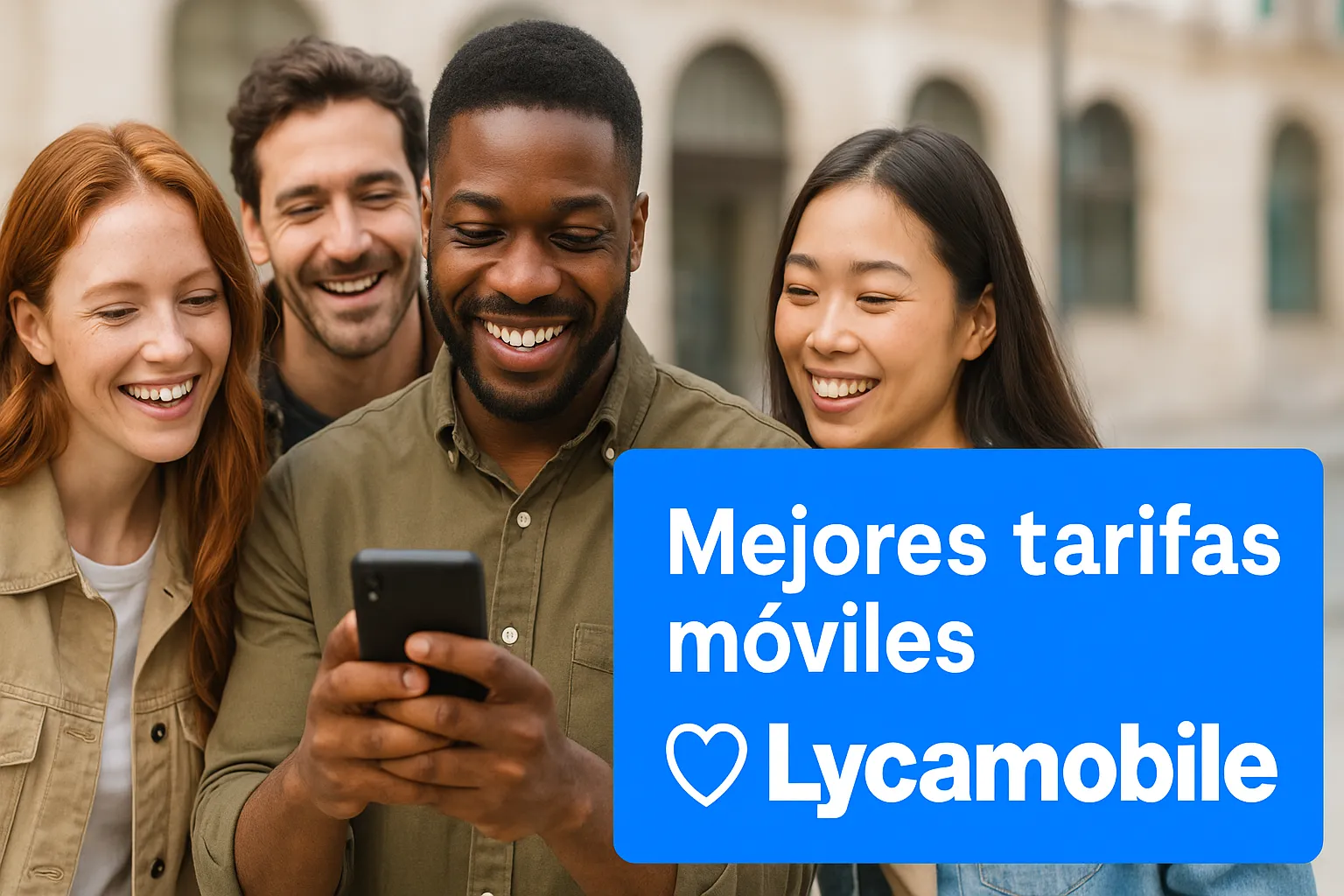 Fotografía promocional en formato horizontal que muestra a un grupo diverso de cuatro amigos sonriendo mientras miran juntos un smartphone. A la derecha, un recuadro azul con el logotipo de Lycamobile y el texto “Mejores tarifas móviles” representa el servicio de telefonía móvil que están explorando.