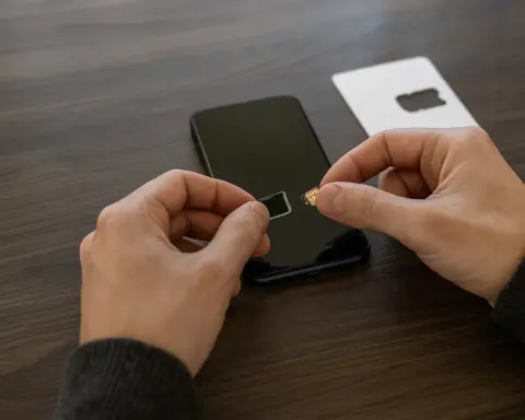 Persona insertando una tarjeta SIM en un teléfono móvil sobre una mesa de madera.