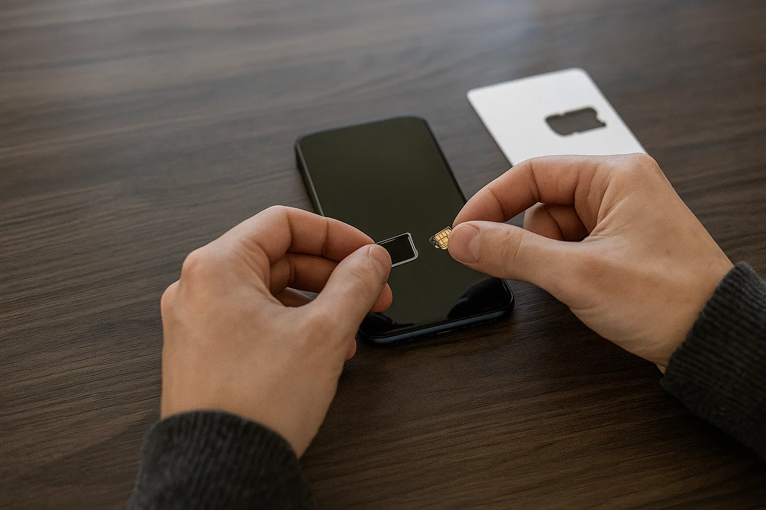 Persona insertando una tarjeta SIM en un teléfono móvil sobre una mesa de madera.
