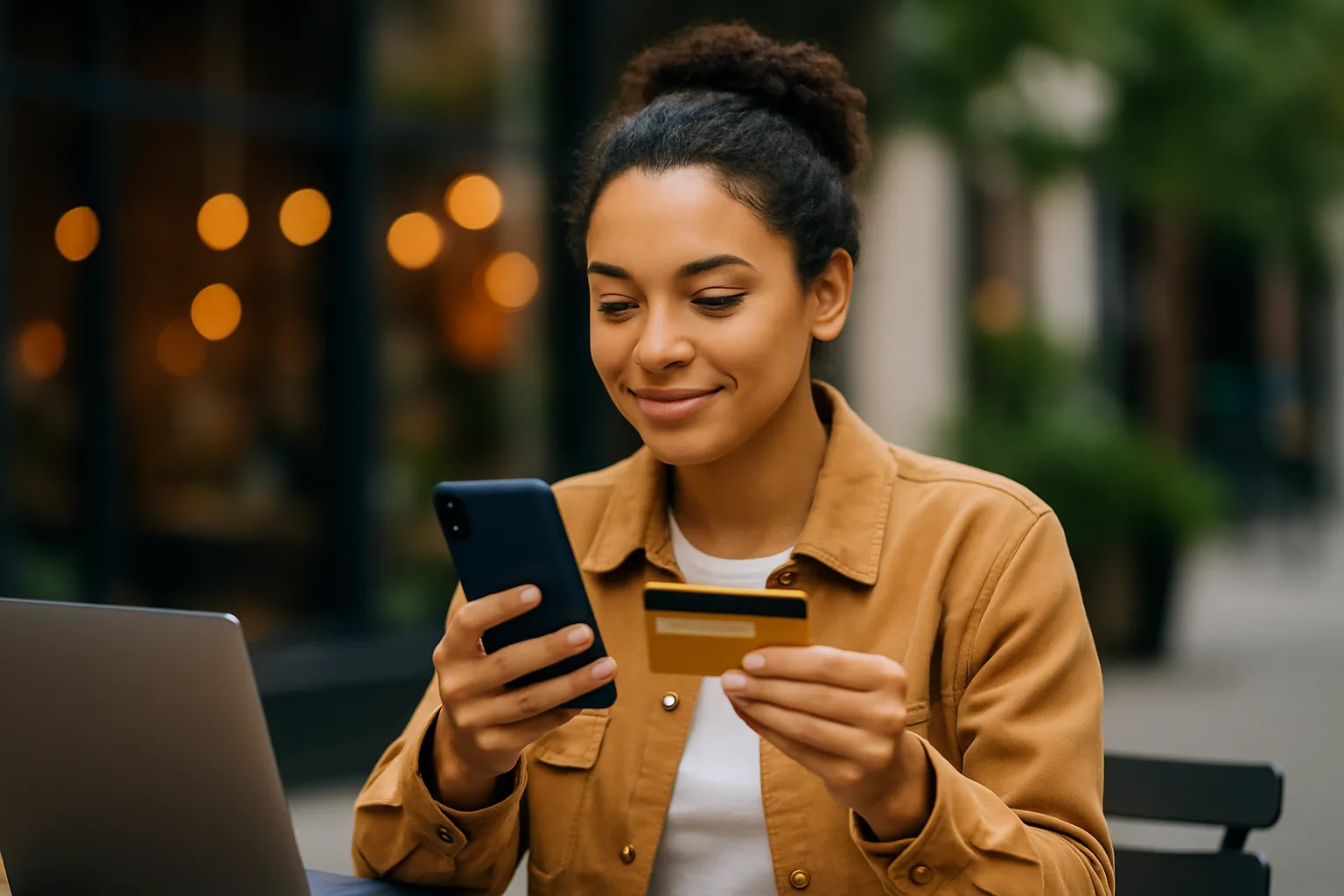 Mujer contratando una tarifa móvil online con tarjeta en mano en una terraza de ciudad