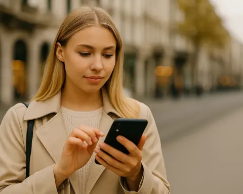 Mujer feliz revisando una oferta móvil en su teléfono.