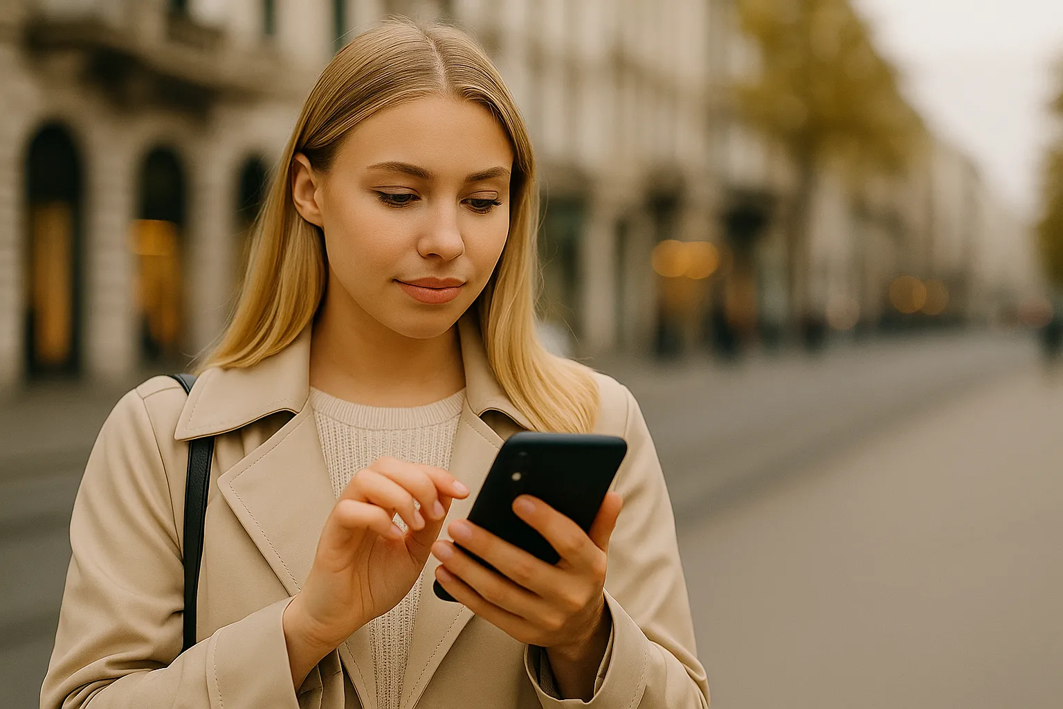 Mujer feliz revisando una oferta móvil en su teléfono.