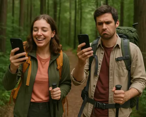 areja en el bosque usando móviles, una con buena conexión y otra no.