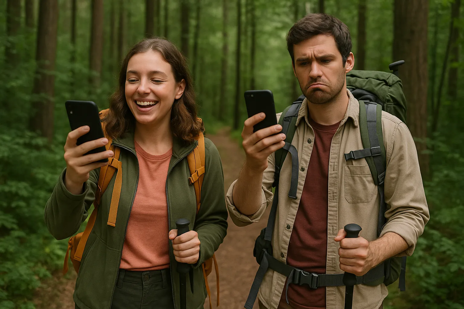areja en el bosque usando móviles, una con buena conexión y otra no.