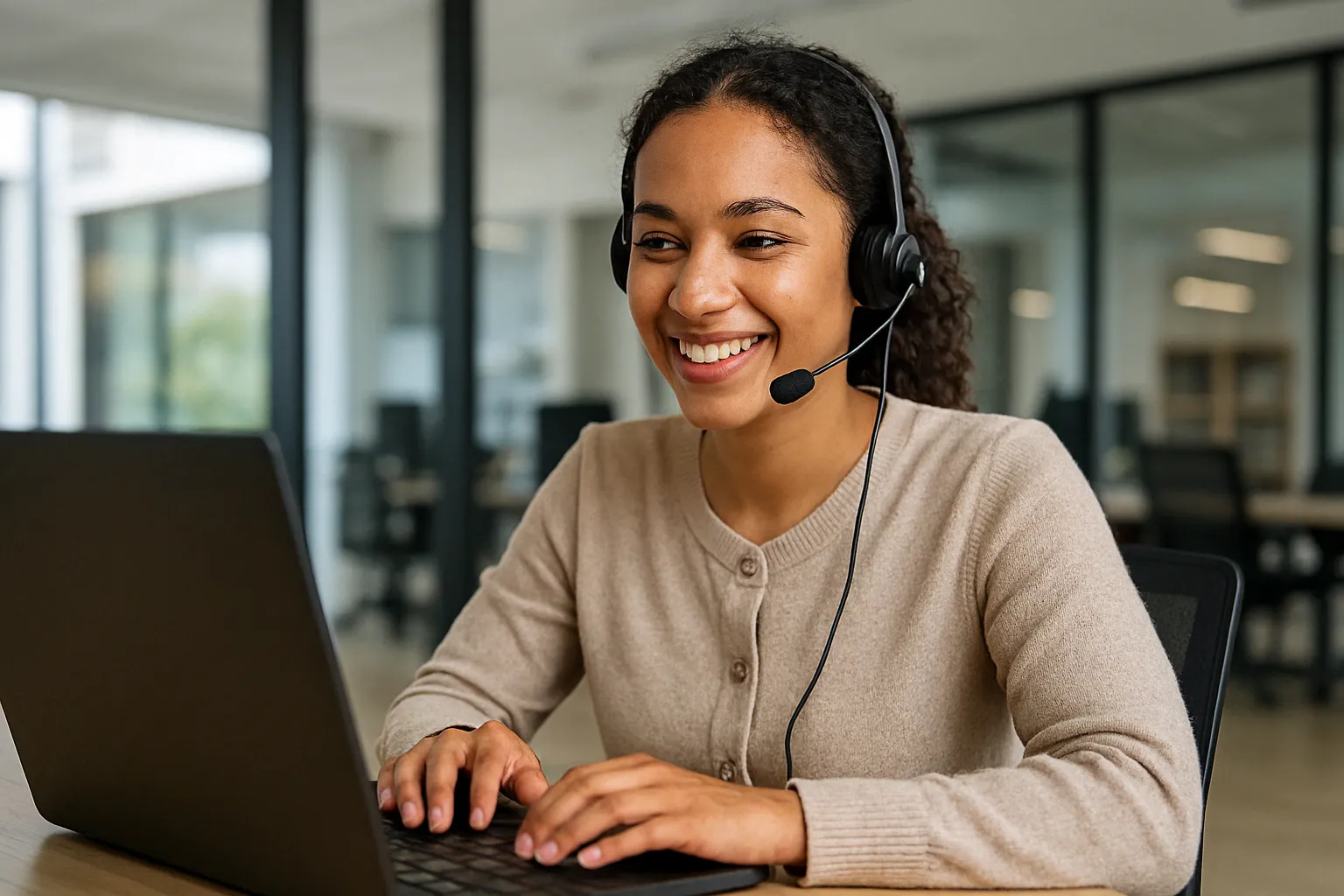 Una persona trabaja desde una oficina en el servicio de atención al cliente de un operador que ofrece tarifas de datos ilimitados.