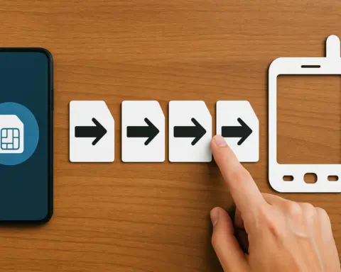 Mano señalando una tarjeta SIM con flechas en secuencia entre un smartphone moderno y uno antiguo, simbolizando el proceso de portabilidad entre operadores móviles.