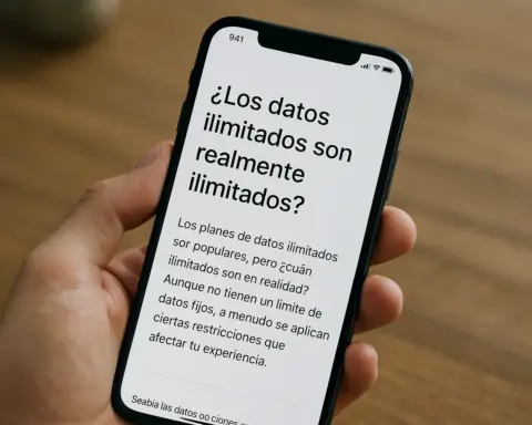 Persona sosteniendo un smartphone que muestra un artículo titulado "¿Los datos ilimitados son realmente ilimitados?", abordando dudas sobre las restricciones de los planes de datos móviles ilimitados.