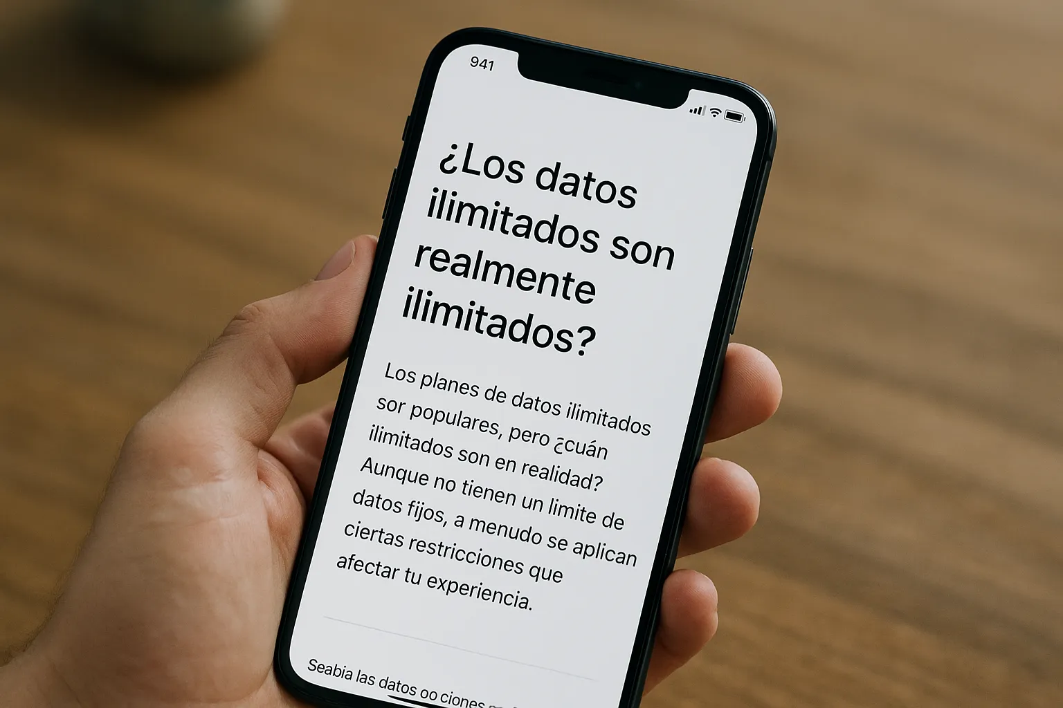 Persona sosteniendo un smartphone que muestra un artículo titulado "¿Los datos ilimitados son realmente ilimitados?", abordando dudas sobre las restricciones de los planes de datos móviles ilimitados.
