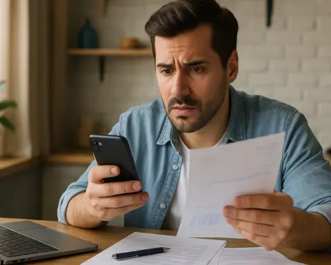 Hombre preocupado revisando una factura de teléfono móvil mientras consulta su smartphone.