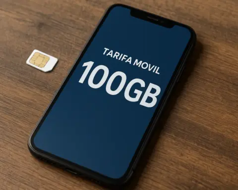 Smartphone sobre mesa de madera con pantalla que muestra “Tarifa móvil 100GB” junto a una tarjeta SIM.