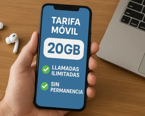 Persona sostiene un móvil que muestra una tarifa de 20GB con llamadas ilimitadas y sin permanencia.