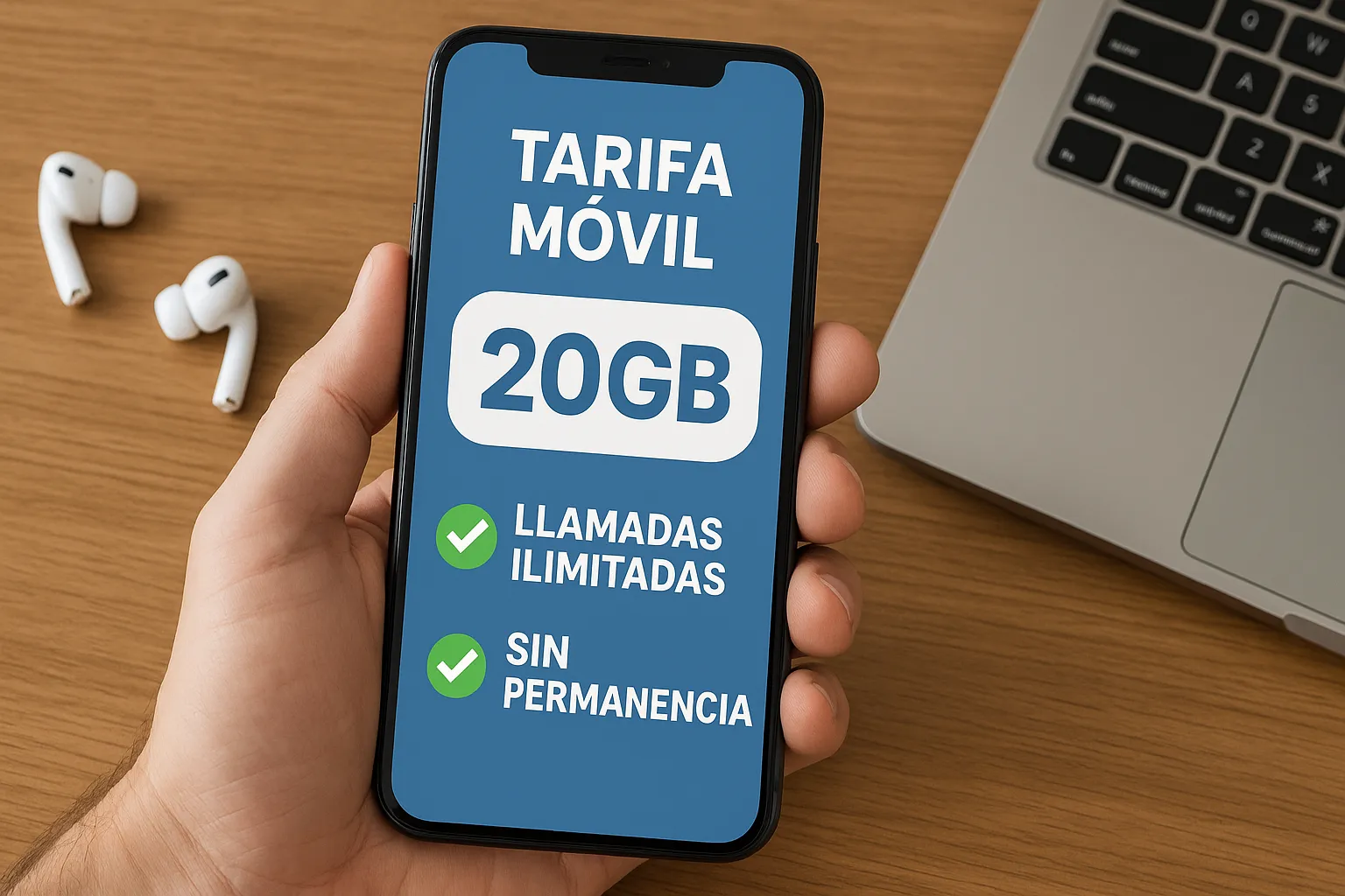 Persona sostiene un móvil que muestra una tarifa de 20GB con llamadas ilimitadas y sin permanencia.