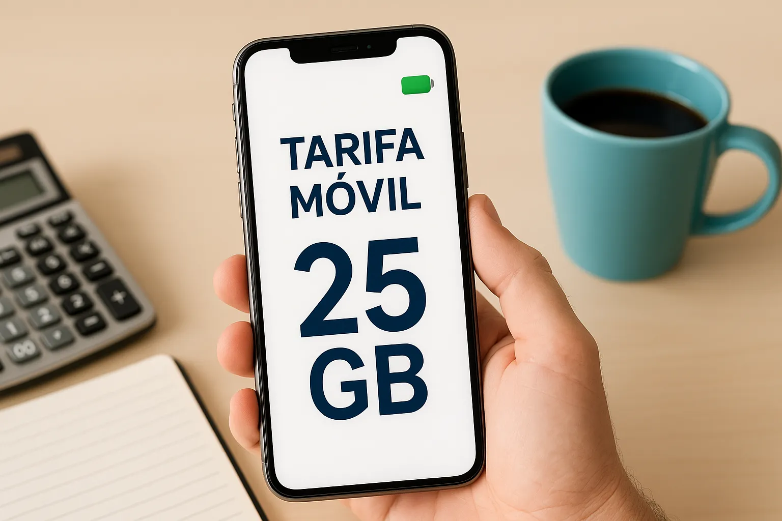Persona sostiene un móvil que muestra una tarifa de 25 GB, con una taza de café y calculadora al fondo.