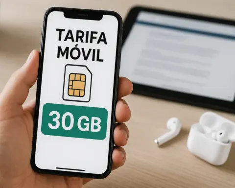 Persona sostiene un smartphone que muestra una tarifa móvil de 30 GB junto a unos auriculares y una tablet.