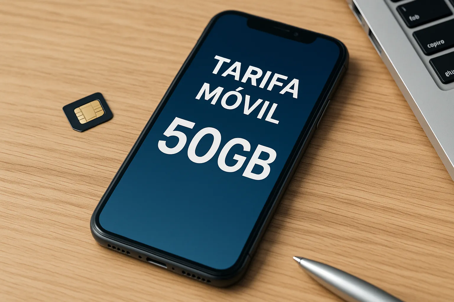 Smartphone sobre mesa muestra una tarifa móvil de 50 GB junto a una tarjeta SIM negra y un portátil.