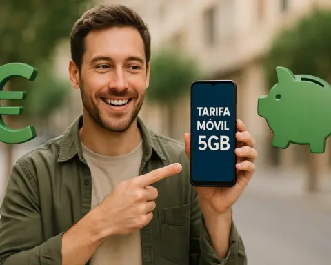 Hombre sonriente sostiene móvil con tarifa de 5GB, acompañado de iconos de euro y hucha verde flotando.