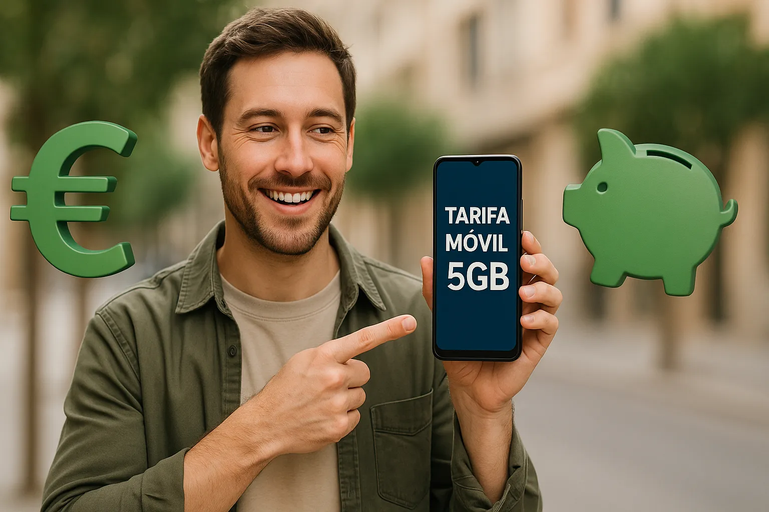 Hombre sonriente sostiene móvil con tarifa de 5GB, acompañado de iconos de euro y hucha verde flotando.