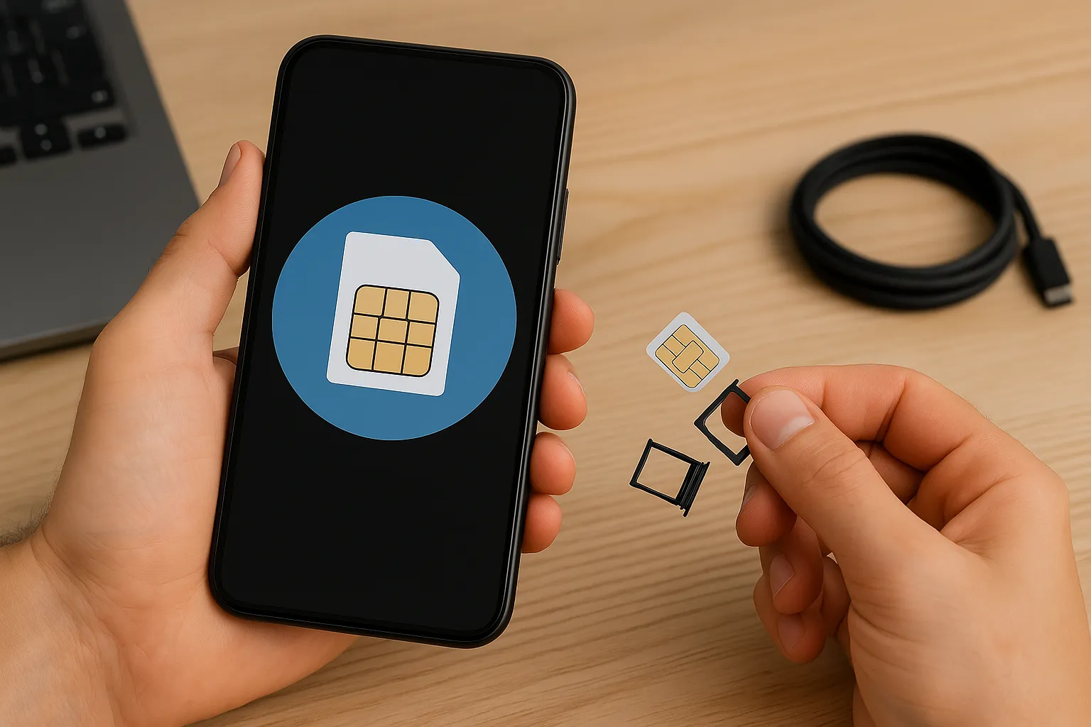 Mano colocando una eSIM en un smartphone sobre una mesa de madera.