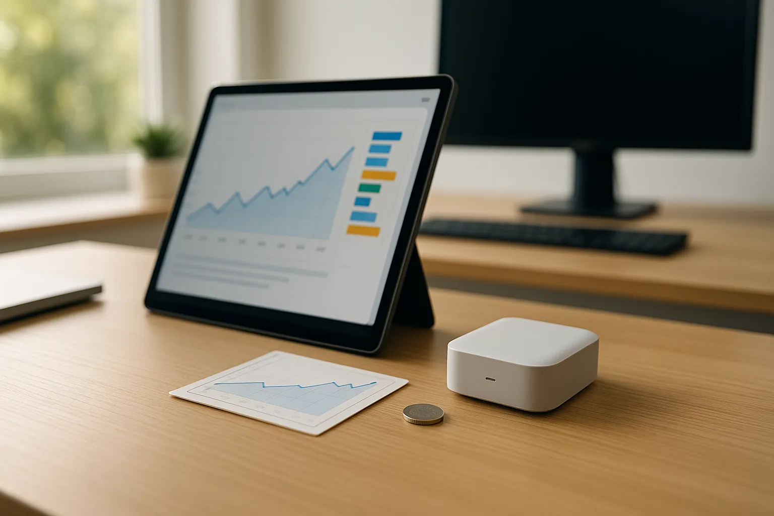 Una tablet y un router 4G portátil sobre un escritorio moderno, simbolizando una tarifa de solo datos para conectar dispositivos de trabajo o para el hogar