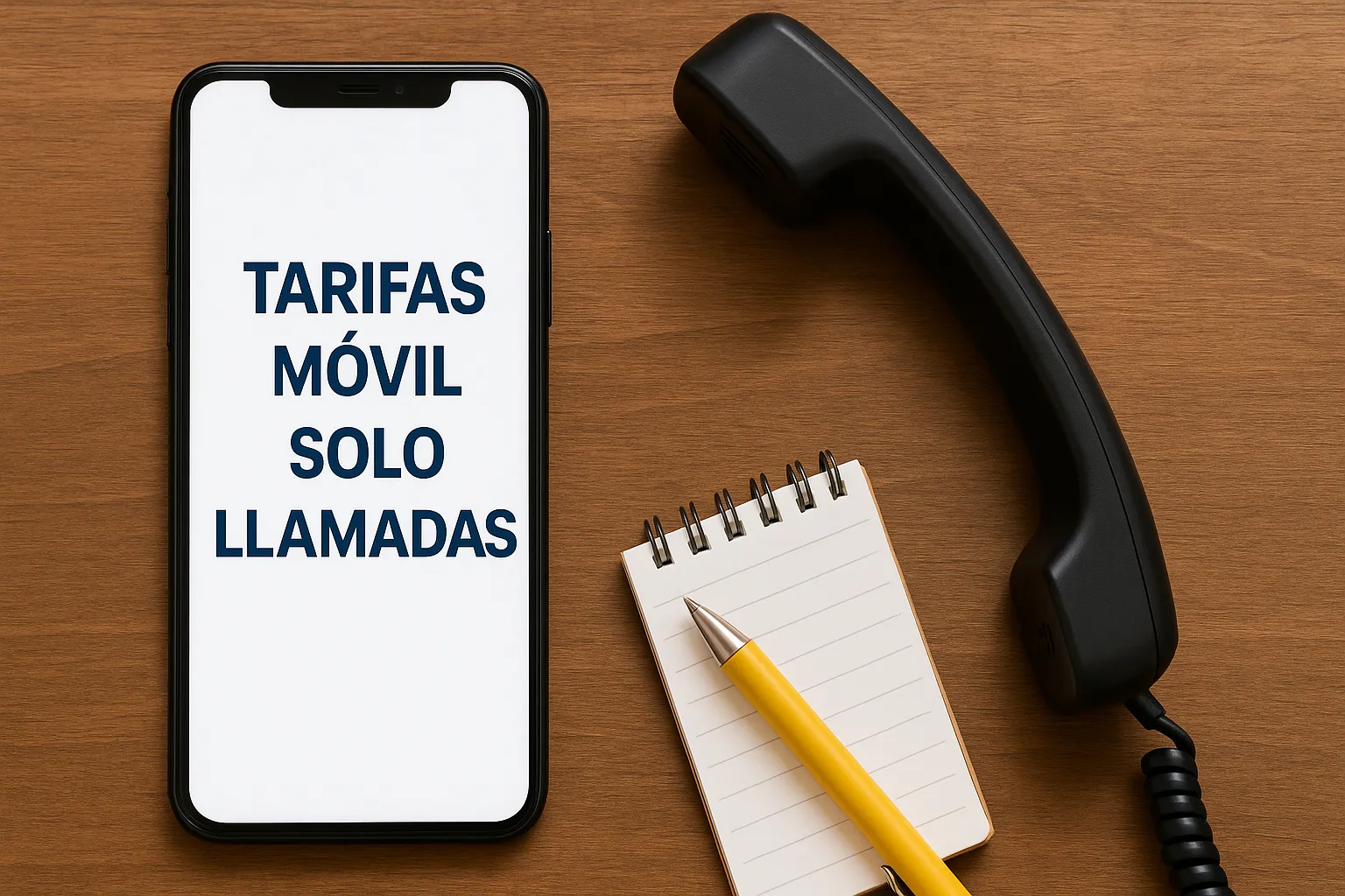 Teléfono móvil con pantalla que muestra "Tarifas móvil solo llamadas", acompañado de un auricular clásico, libreta y bolígrafo sobre una mesa de madera.
