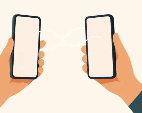 Ilustración de dos manos con móviles conectados por líneas, símbolo de un pack de tarifas.