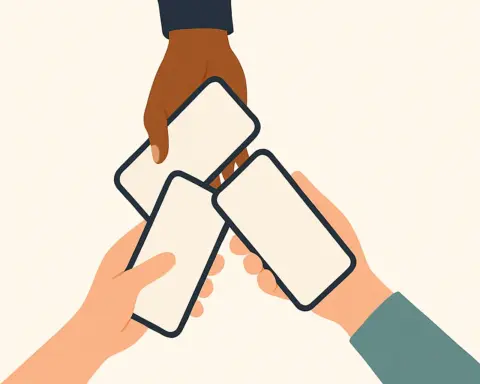 Ilustración de tres manos juntando sus móviles en un corrillo, simbolizando un pack de tres líneas.