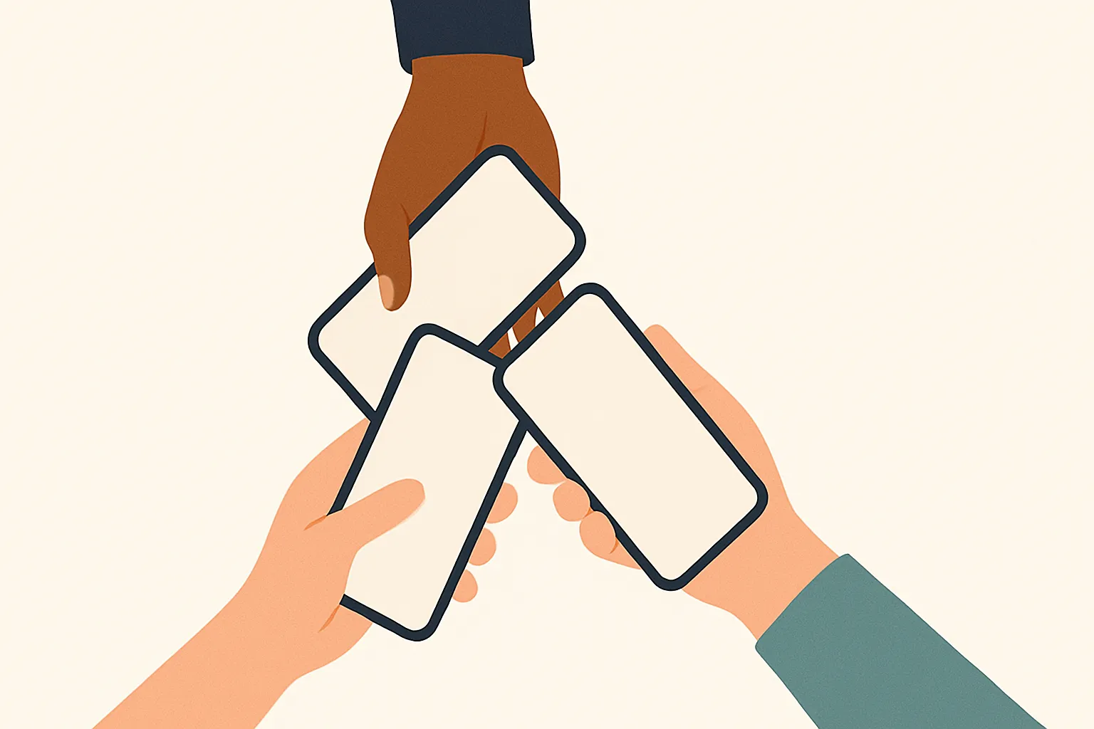 Ilustración de tres manos juntando sus móviles en un corrillo, simbolizando un pack de tres líneas.