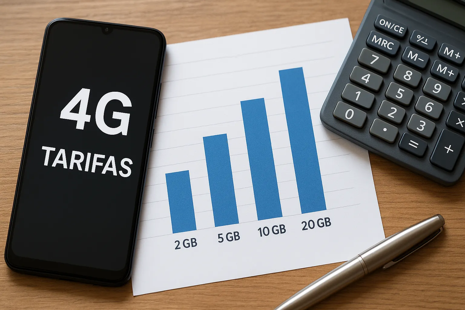 Comparativa de tarifas móviles 4G representadas en una gráfica de consumo de datos junto a un smartphone, calculadora y bolígrafo sobre una mesa.