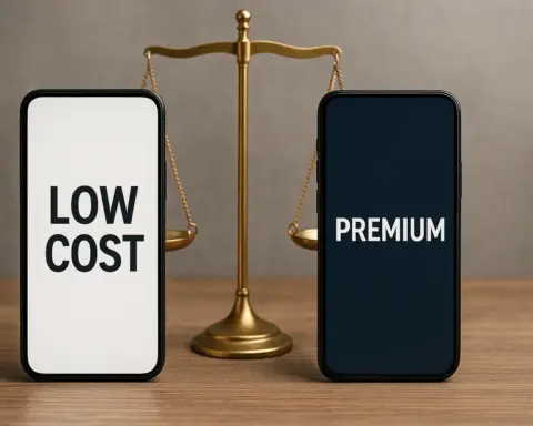 Comparativa entre tarifas móviles low cost y premium representada por dos smartphones frente a una balanza de justicia.