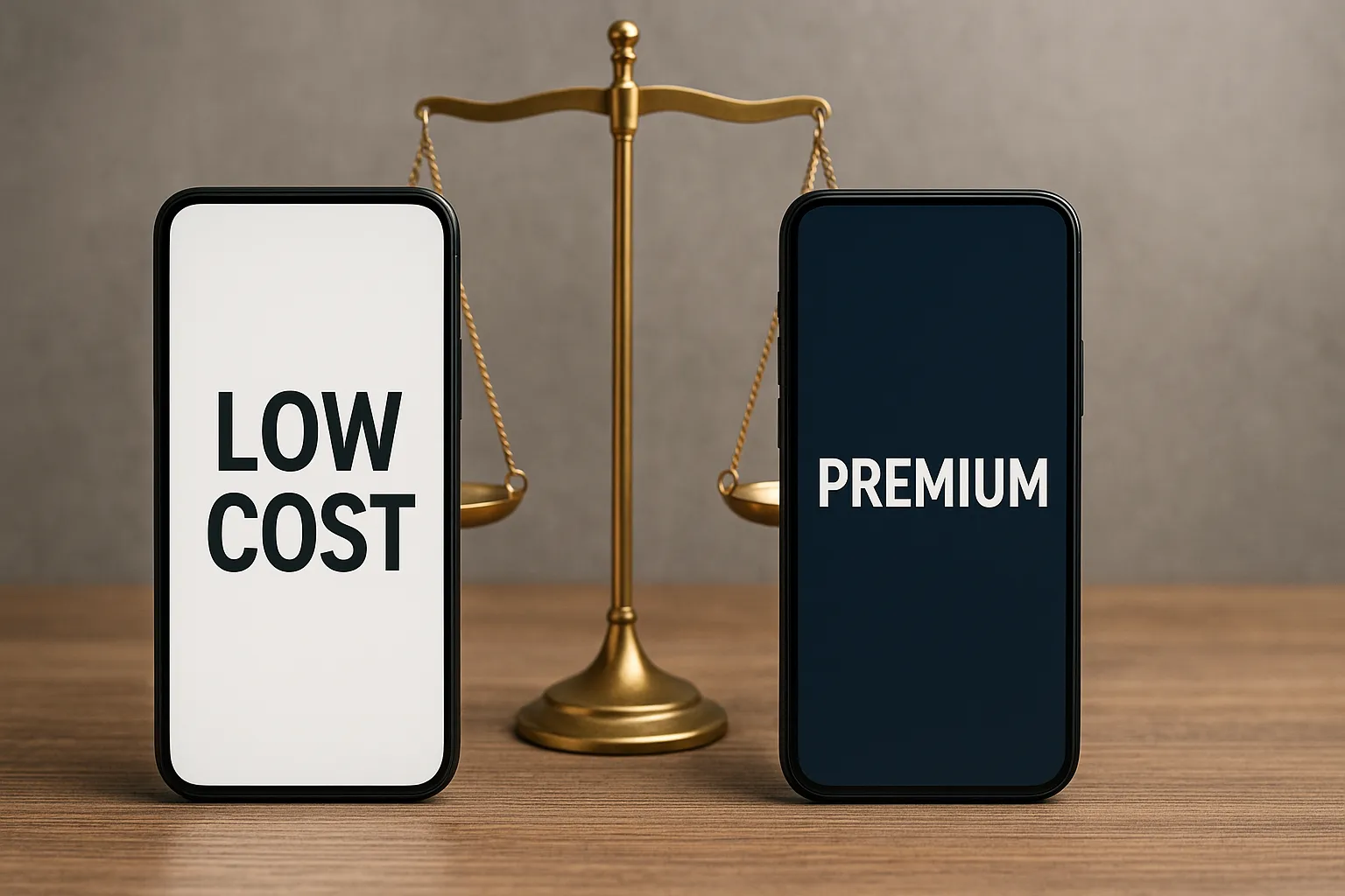 Comparativa entre tarifas móviles low cost y premium representada por dos smartphones frente a una balanza de justicia.