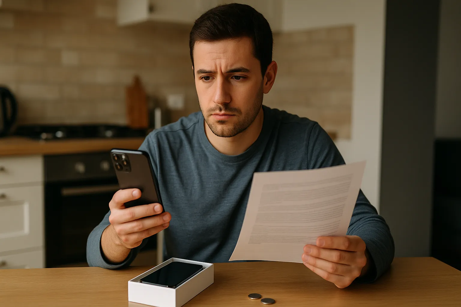 Hombre con expresión pensativa sopesa un móvil nuevo en una mano y un contrato en la otra, ilustrando el dilema de si merece la pena una tarifa con terminal y permanencia.