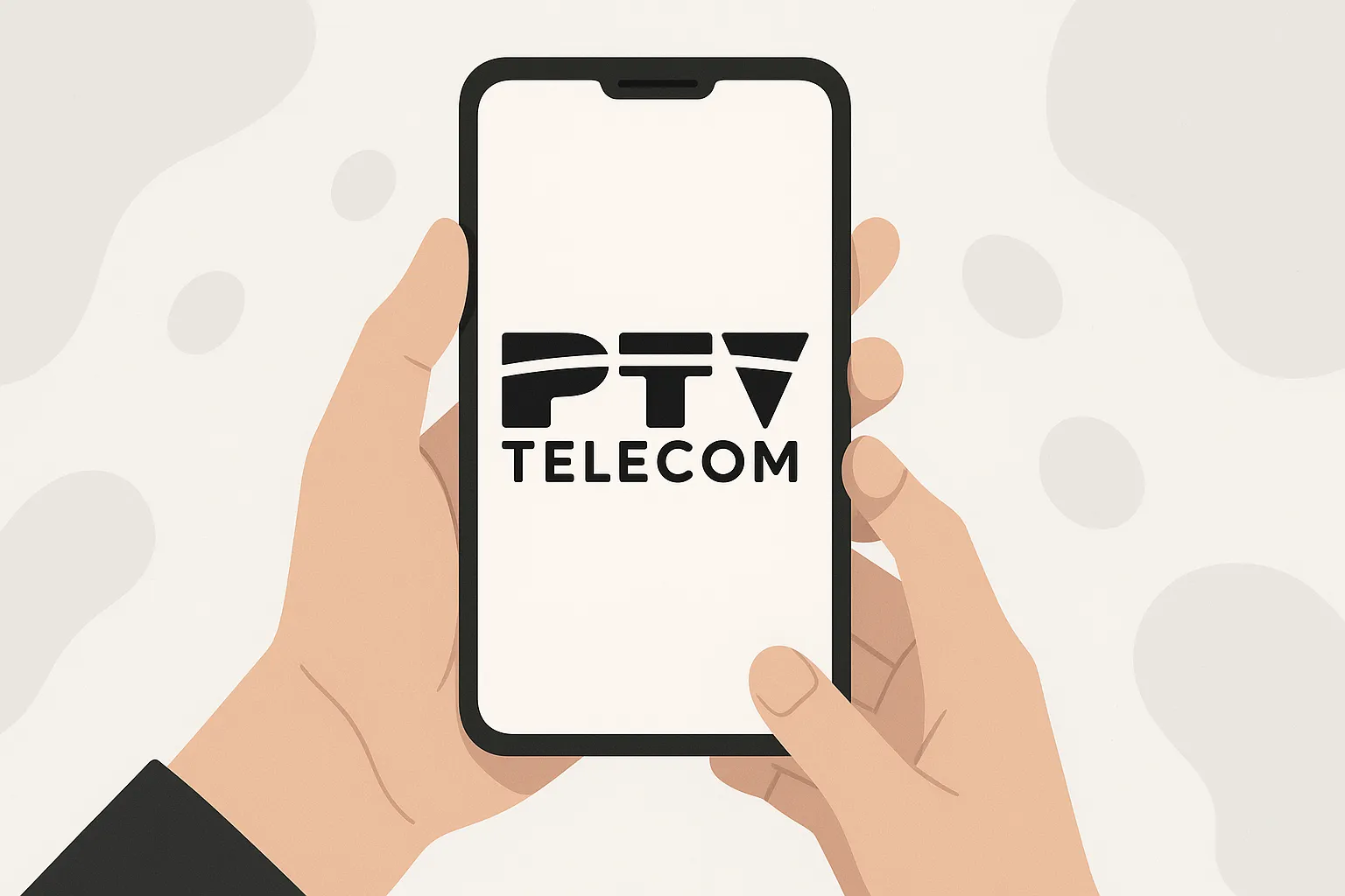 Una persona sostiene un smartphone con el logo de PTV Telecom, representando sus tarifas móviles.