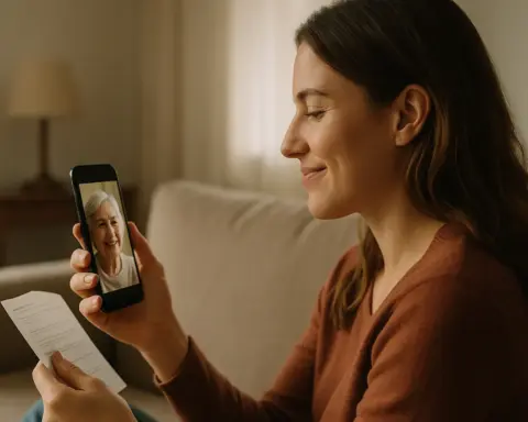 Mujer joven sonriendo durante una videollamada con un familiar mayor, simbolizando la conexión con seres queridos en el extranjero gracias a una buena tarifa internacional.