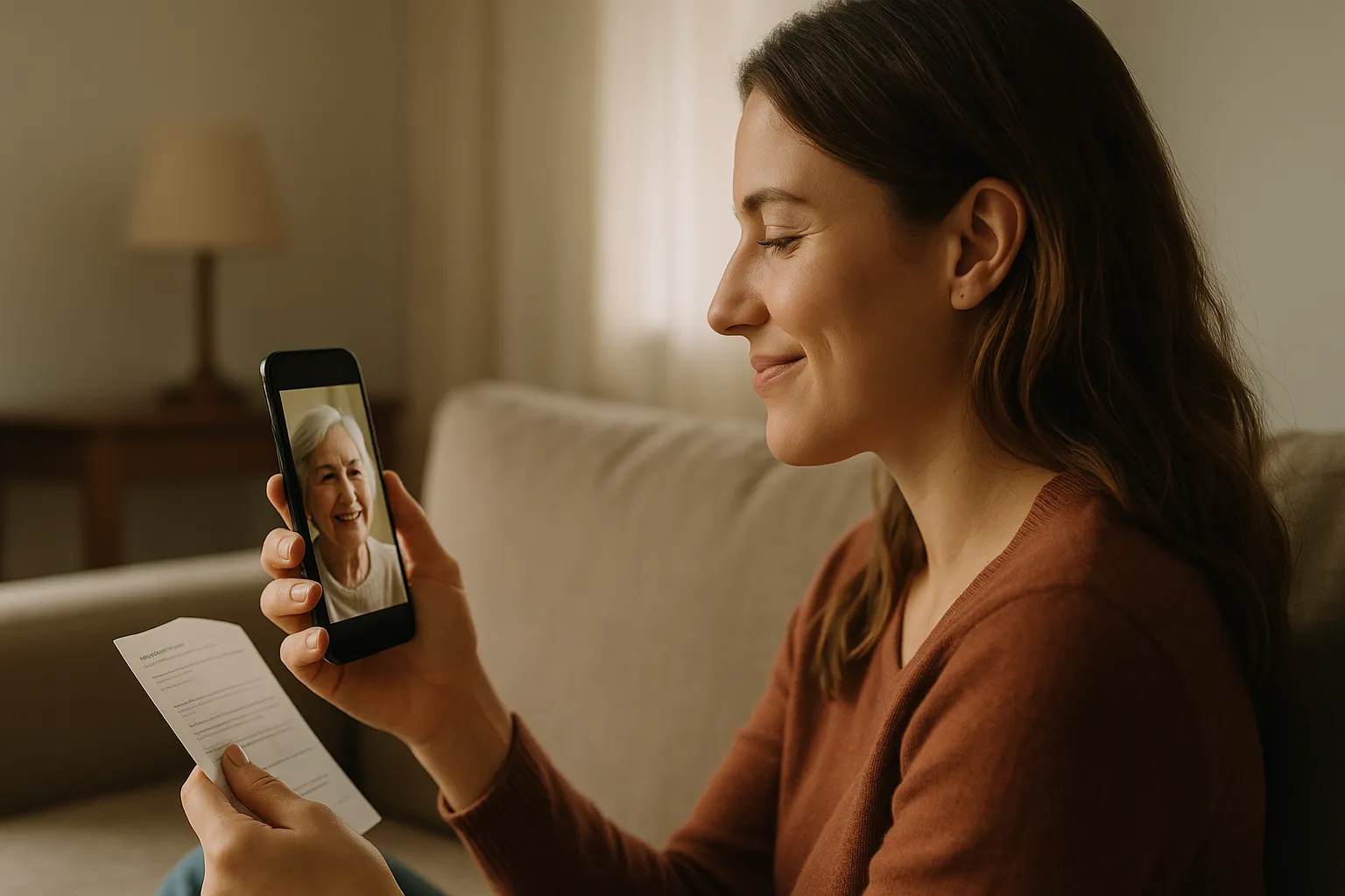 Mujer joven sonriendo durante una videollamada con un familiar mayor, simbolizando la conexión con seres queridos en el extranjero gracias a una buena tarifa internacional.