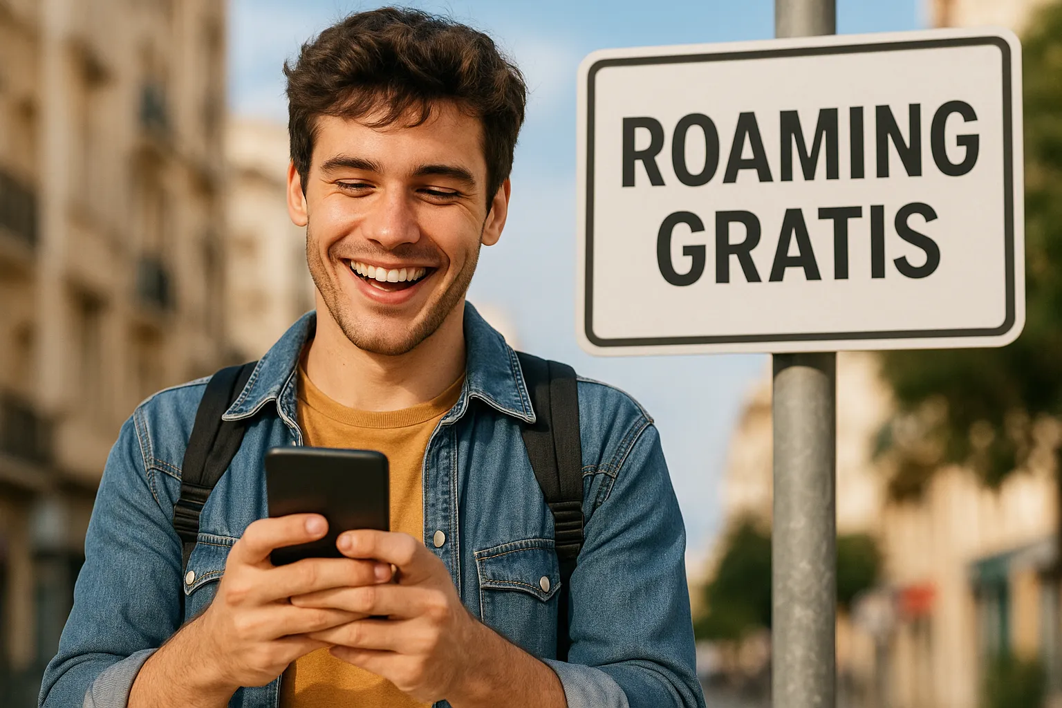 Joven sonriente usando el móvil al lado de un cartel que indica roaming gratis.