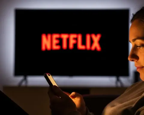 Mujer mirando el móvil con un televisor en el que se ve el logo de Netflix