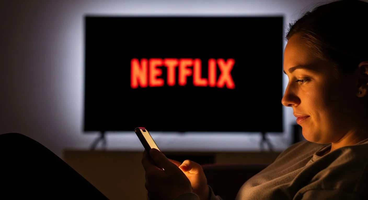 Mujer mirando el móvil con un televisor en el que se ve el logo de Netflix